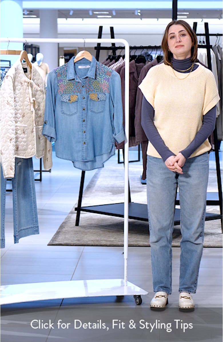 Flower Patch Embroidered Denim Button-Up Shirt, sales video thumbnail