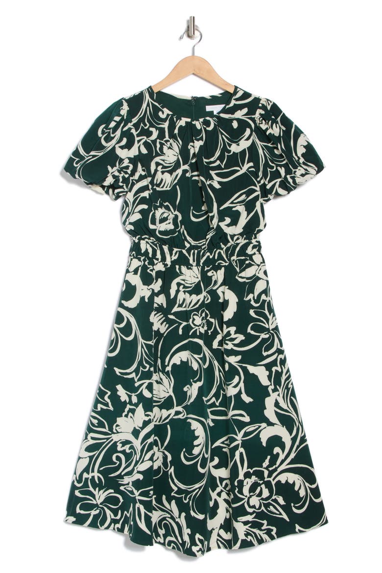 Puff Sleeve Midi Dress, Alternate, color, HUNTER GREEN/ BONE