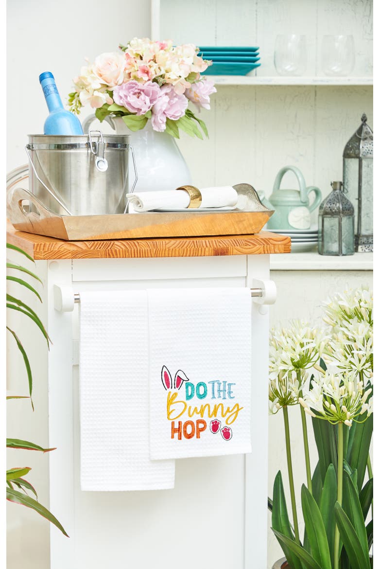 "Do The Bunny Hop" Easter Rabbit Spring Theme Kitchen Dishtowel, Alternate, color, White