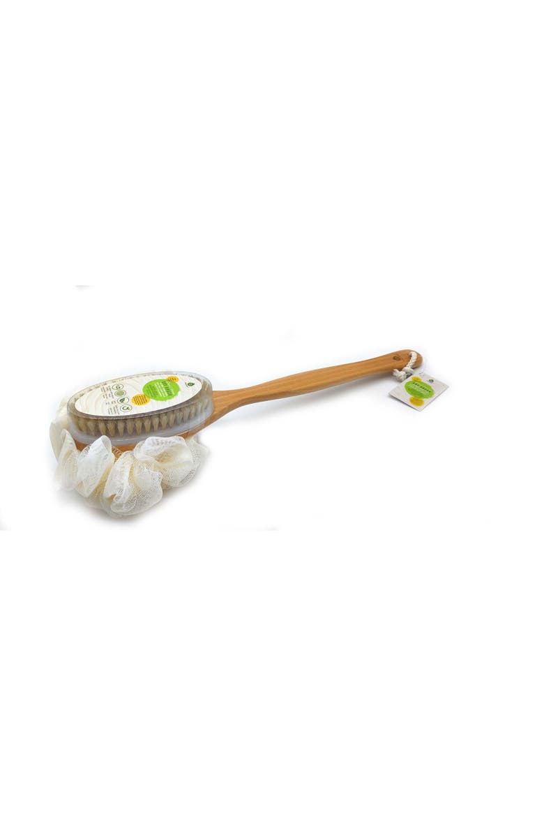 Dry Brush & Mesh Sponge with Lotus Wooden Handle, Main, color, Beige