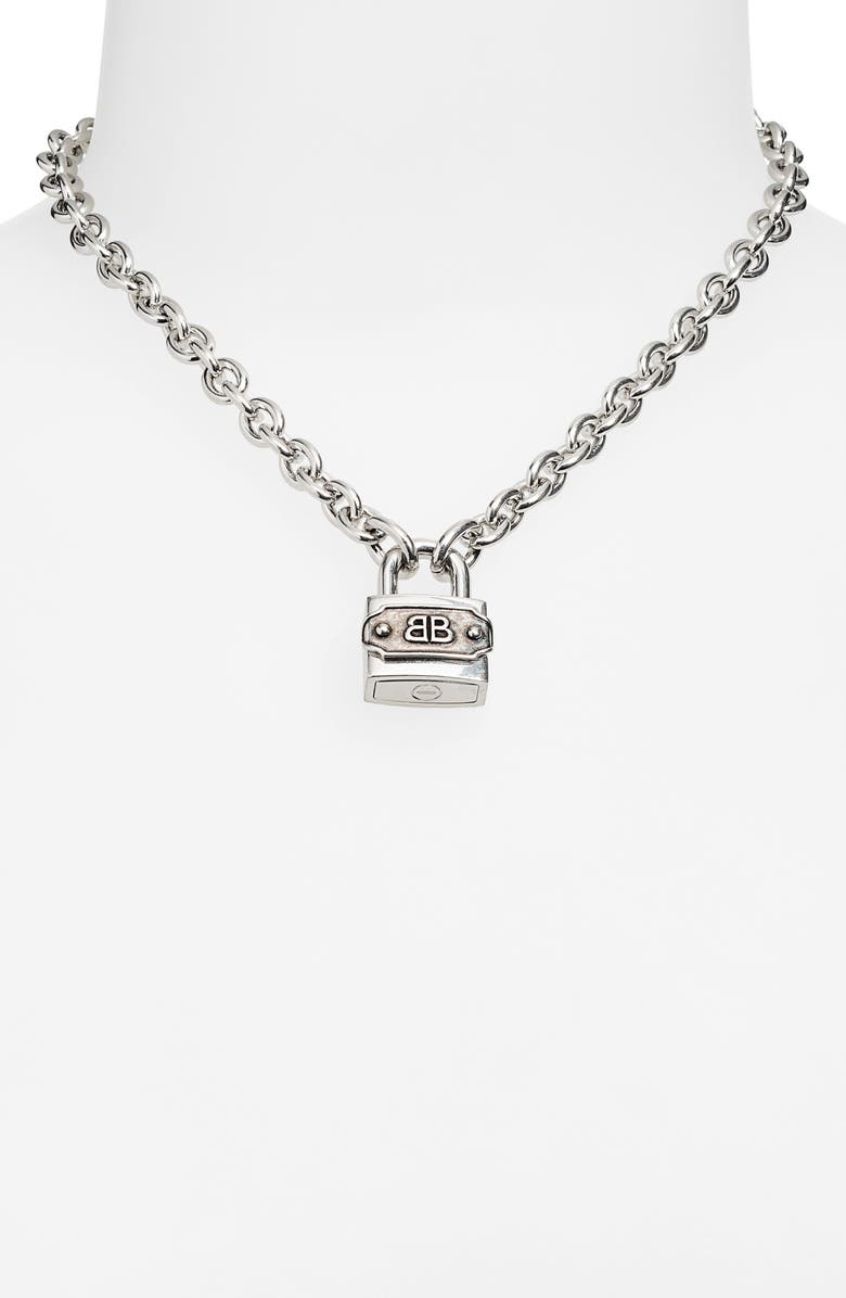 Balenciaga BB Padlock Necklace, Alternate, color, Silver/ Antique Silver