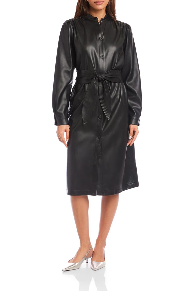 Jennifer Long Sleeve Tie Belt Faux Leather Dress, Main, color, BLACK