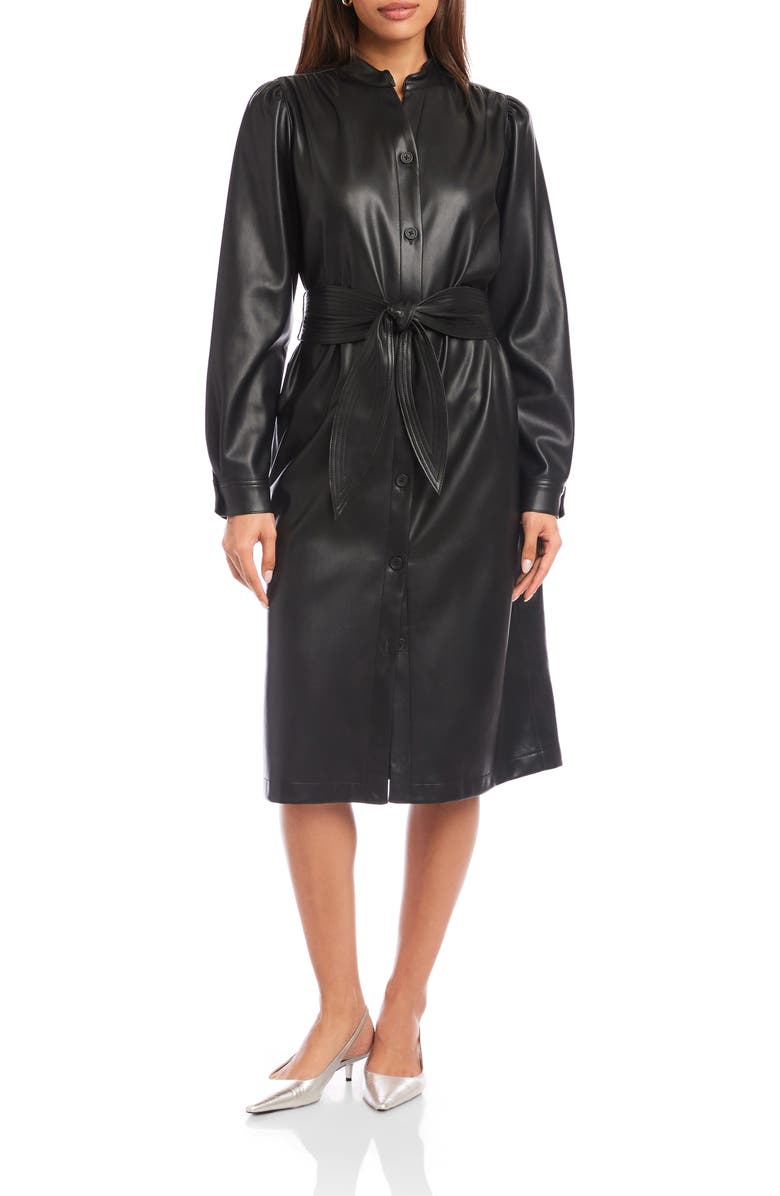 FIFTEEN TWENTY Jennifer Long Sleeve Tie Belt Faux Leather Dress, Main, color, Black
