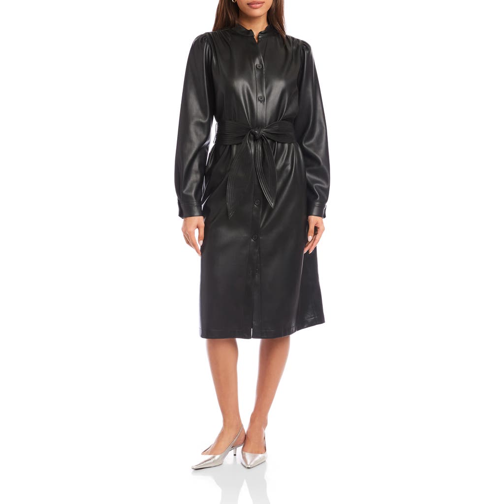 Fifteen Twenty Jennifer Long Sleeve Tie Belt Faux Leather Dress In Black