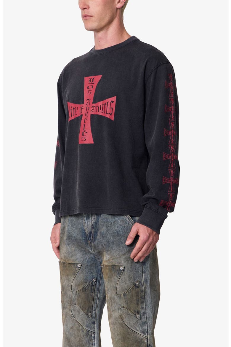 Washed LA Long Sleeve Cotton Graphic T-Shirt, Alternate, color, BLACK