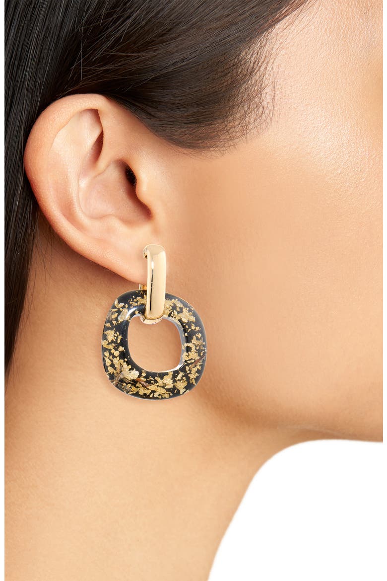 Resin Preserved Flower Drop Huggie Hoop Earrings, Alternate, color, NEUTRAL/ BLACK