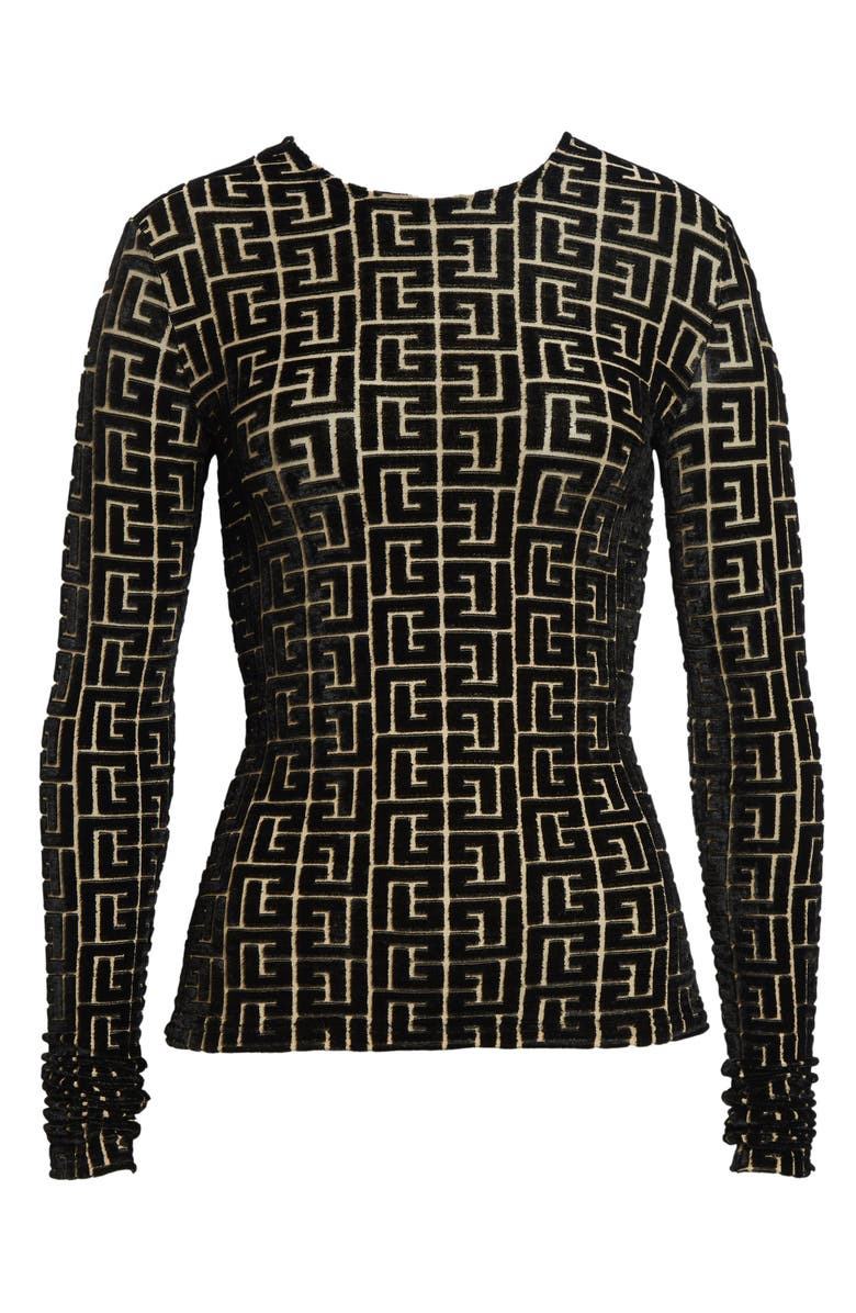 Balmain Monogram Jacquard Devoré Velvet Top, Main, color, Ead Black/ Gold