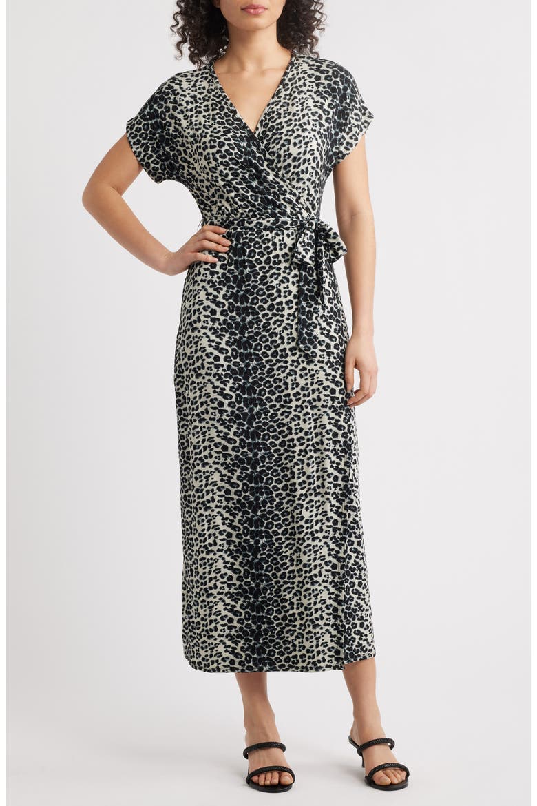 Leopard Print Faux Wrap Midi Dress, Main, color, BLACK/ GREY