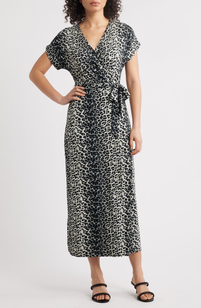 Loveappella Leopard Print Faux Wrap Midi Dress, Main, color, Black/ Grey