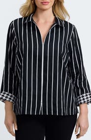 Foxcroft Agnes Stripe Three-Quarter Sleeve Popover Top