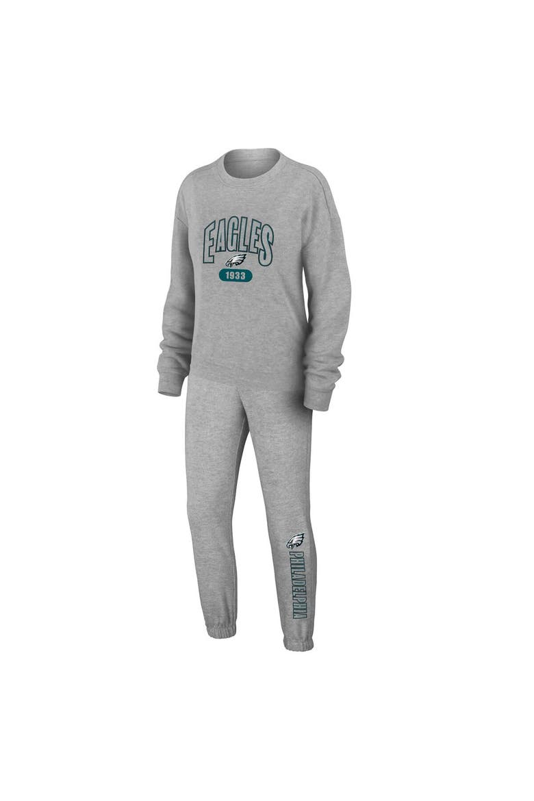 Women's WEAR by Erin Andrews Heather Gray Philadelphia Eagles Knit Long Sleeve Tri-Blend T-Shirt & Pants Sleep Set, Main, color, Heather Gray