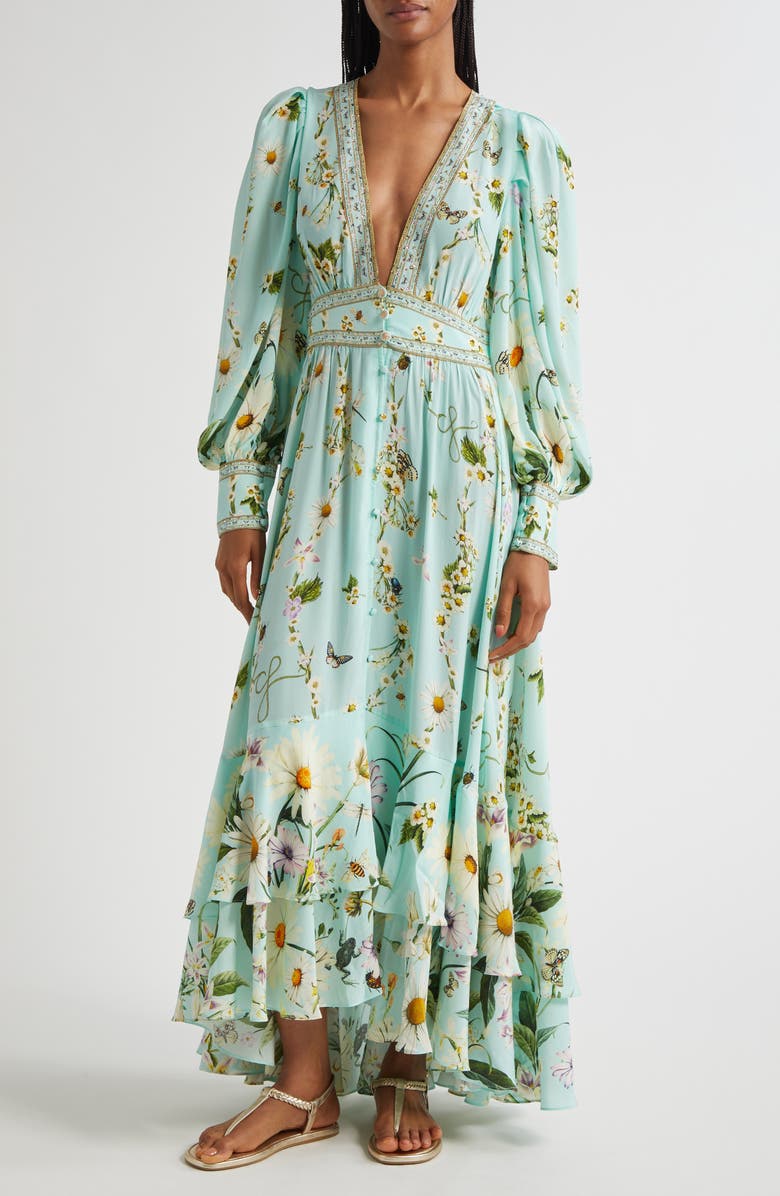 Camilla Floral Freefall Plunge Neck Long Sleeve Silk Crepe Maxi Dress, Main, color, Floral Freefall