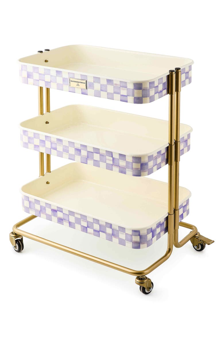 MACKENZIE CHILDS Violet Check Enameled Steel 3-Tier Kitchen Cart, Main, color, Violet
