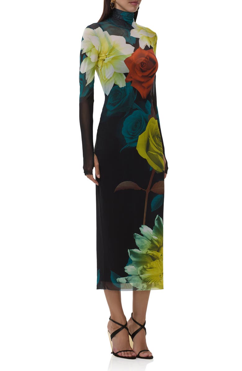 AFRM Shailene Print Long Sleeve Mesh Body-Con Midi Dress, Alternate, color, Citron Blossom
