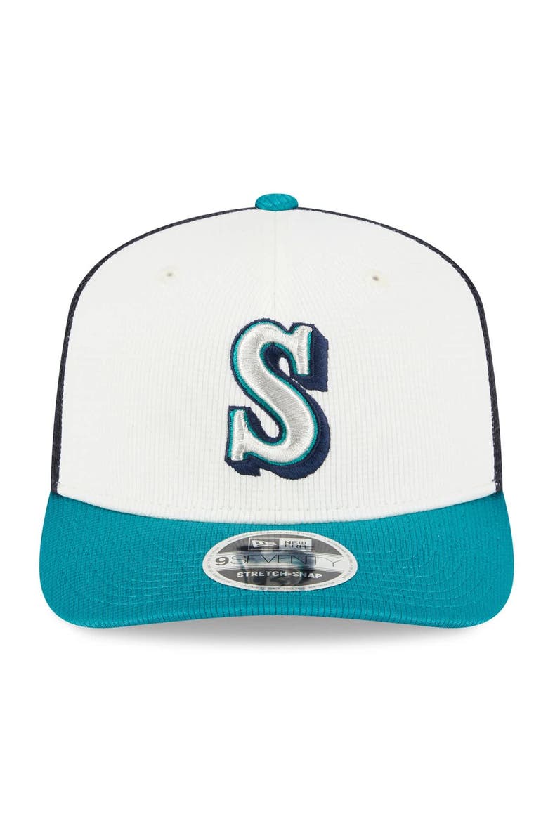 New Era Men's New Era  White/Aqua Seattle Mariners 2025 Batting Practice 9SEVENTY Stretch-Snap Trucker Hat, Alternate, color, 