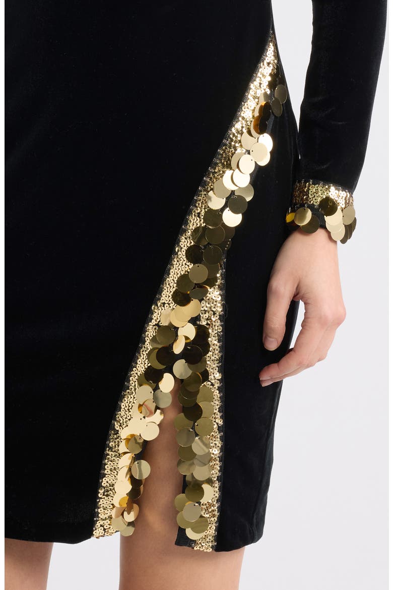 Sequin Long Sleeve Velvet Minidress, Alternate, color, BLACK