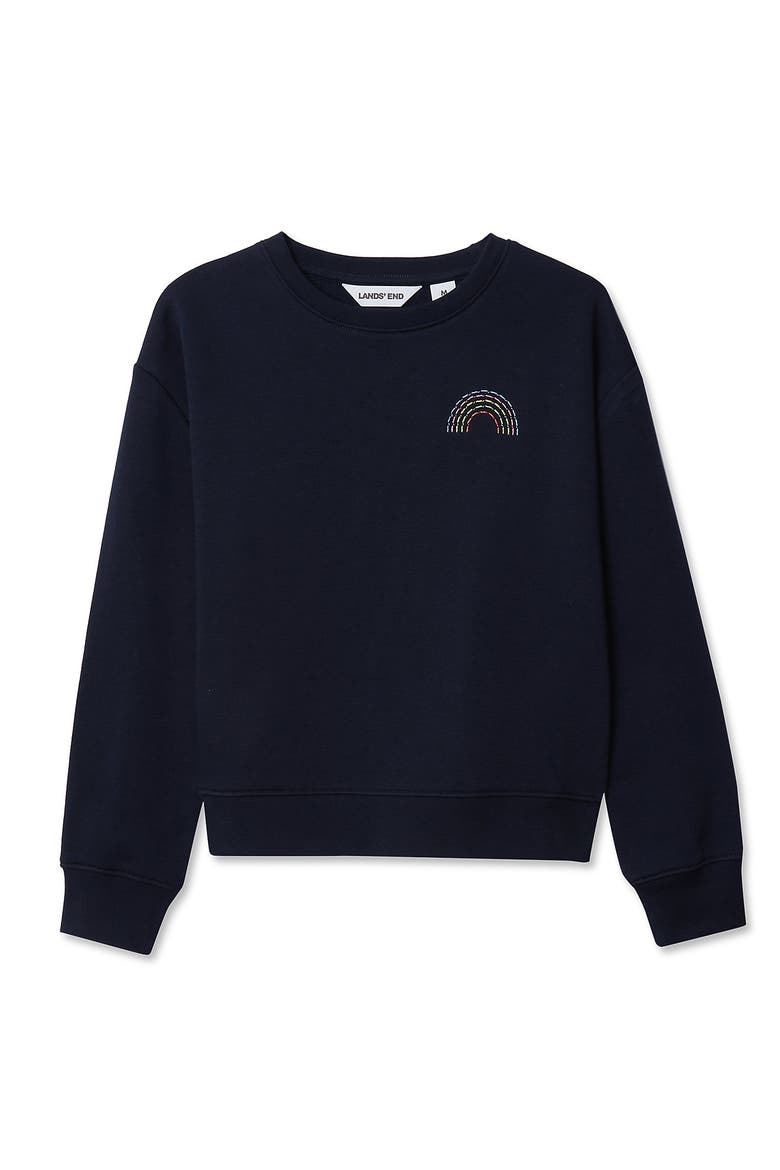 Girls Crew Neck Embroidered Sweatshirt, Main, color, Classic Navy Rainbow