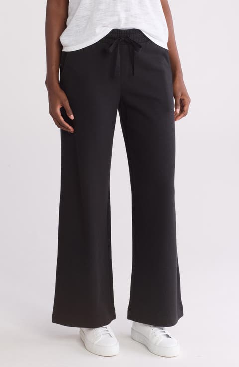 Drawstring Cotton Blend Pique Wide Leg Pants