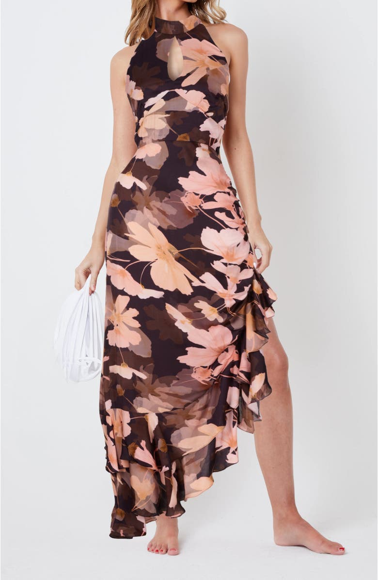 CREEA the Label Floral Print Halter Neck Asymmetric Ruffle Hem Maxi Dress, Main, color, 