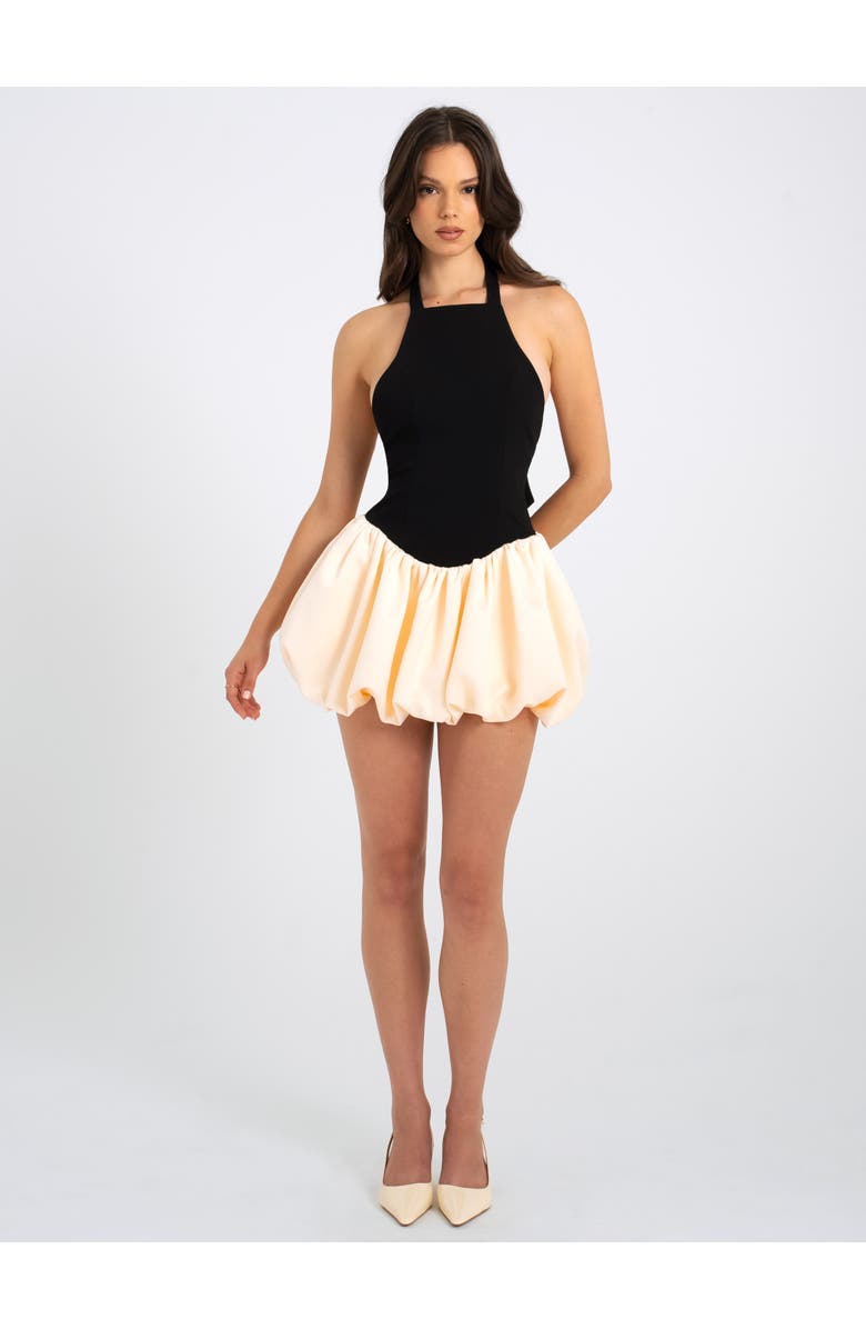 Miss Circle Yaira Backless Drop Waist Mini Bubble Dress, Alternate, color, Off White, Black
