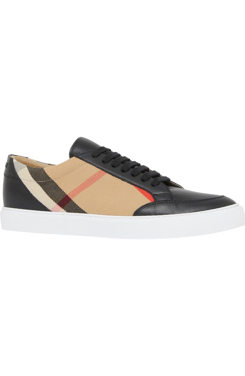 Burberry Check and Leather Sneakers, Alternate, color, Black