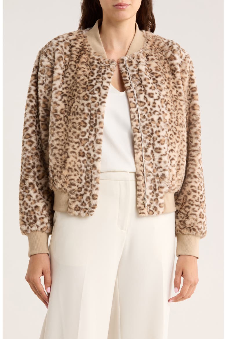 Luxe Faux Fur Zip Bomber Jacket, Main, color, COCOA LEOPARD