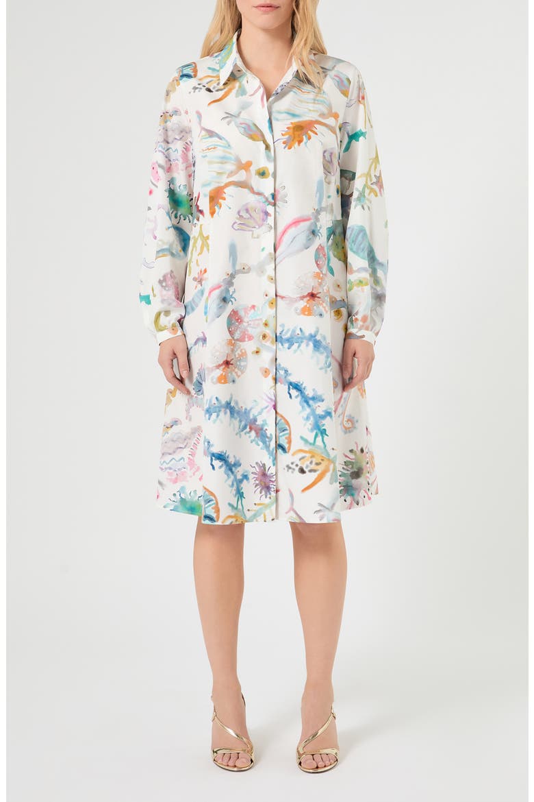 Watercolor Print Long Sleeve Shirtdress, Main, color, ICE
