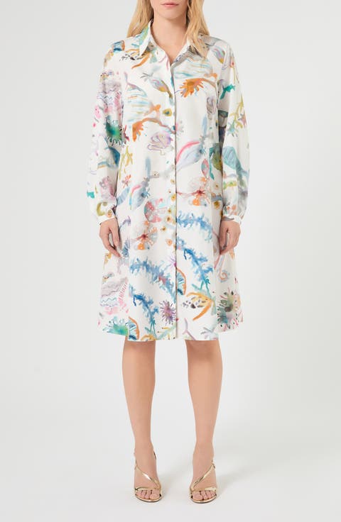 Watercolor Print Long Sleeve Shirtdress