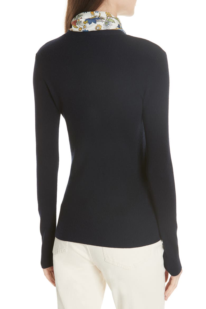 Laura Rib Knit Sweater & Silk Scarf, Alternate, color, TORY NAVY