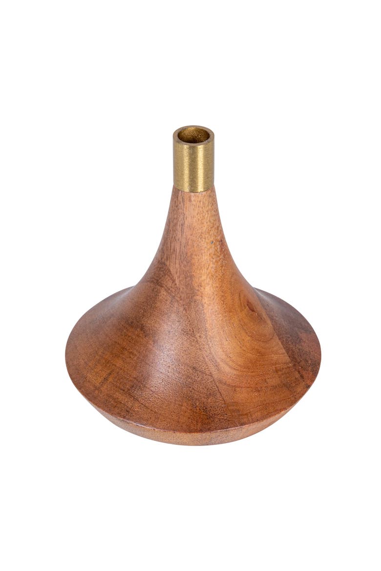 Mango Wood and Metal Taper Holder, Gold and Natural, Main, color, Natural