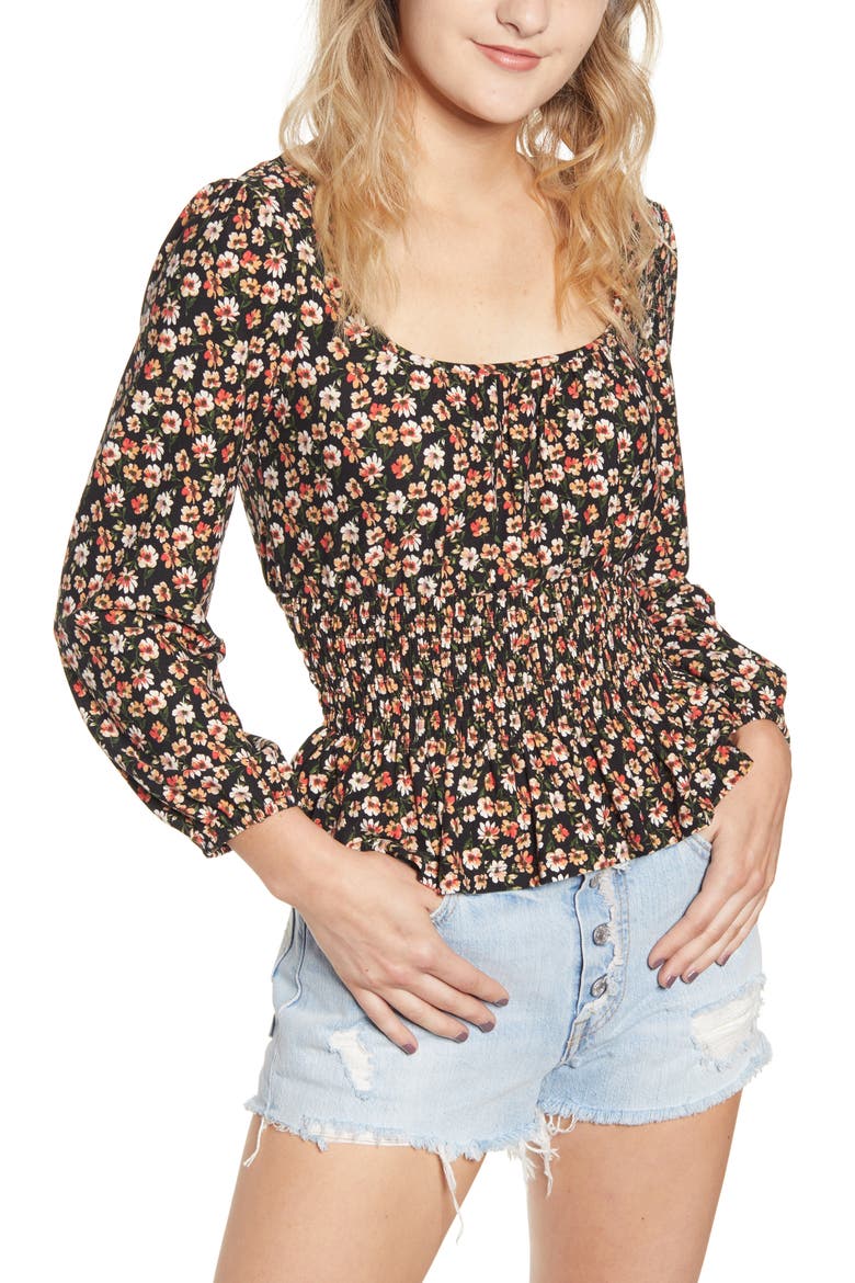 Smocked Waist Floral Top, Main, color, BLACK FLORAL