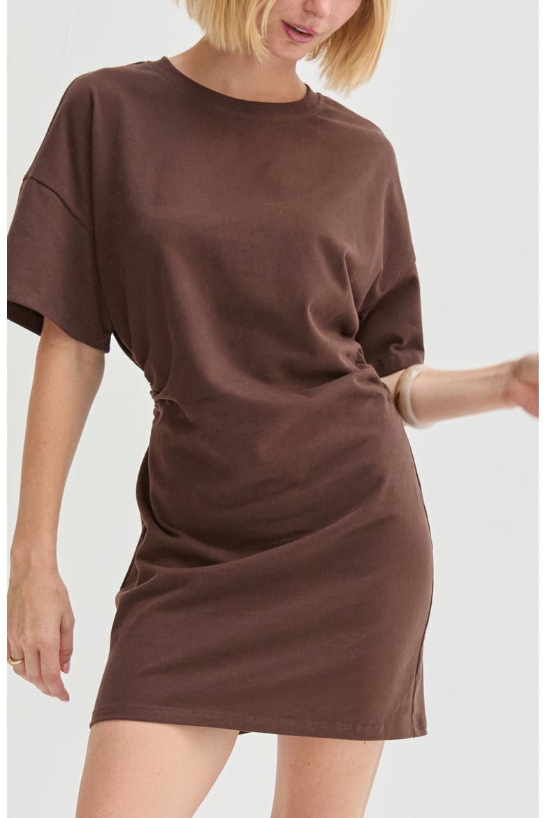 Elbow Sleeve Ruched T-shirt Mini Dress, Alternate, color, Brown