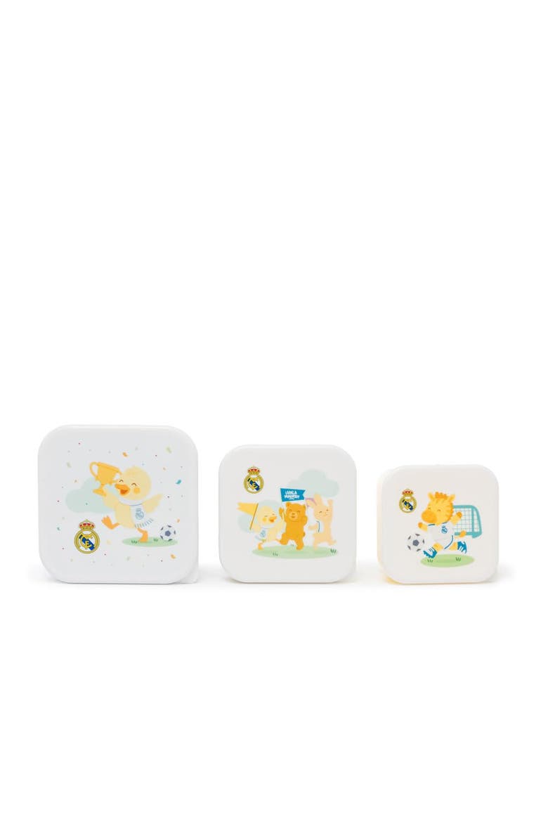 Miniland Real Madrid 3 Piece Snackbox Set for Little Soccer Fans, Alternate, color, White Multi