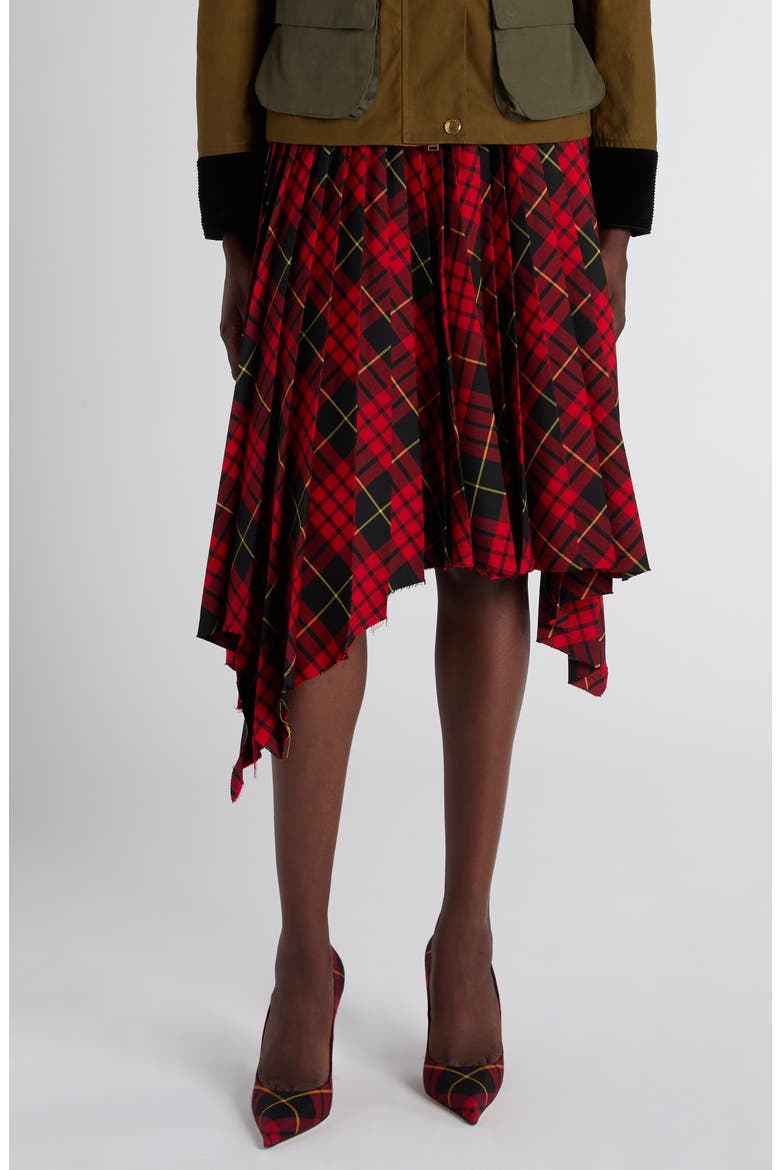 MacQueen Tartan Pleated Raw Edge Midi Skirt, Main, color, BORDEAUX