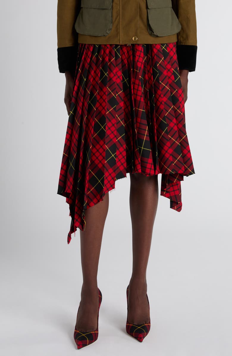 McQueen MacQueen Tartan Pleated Raw Edge Midi Skirt, Main, color, Bordeaux