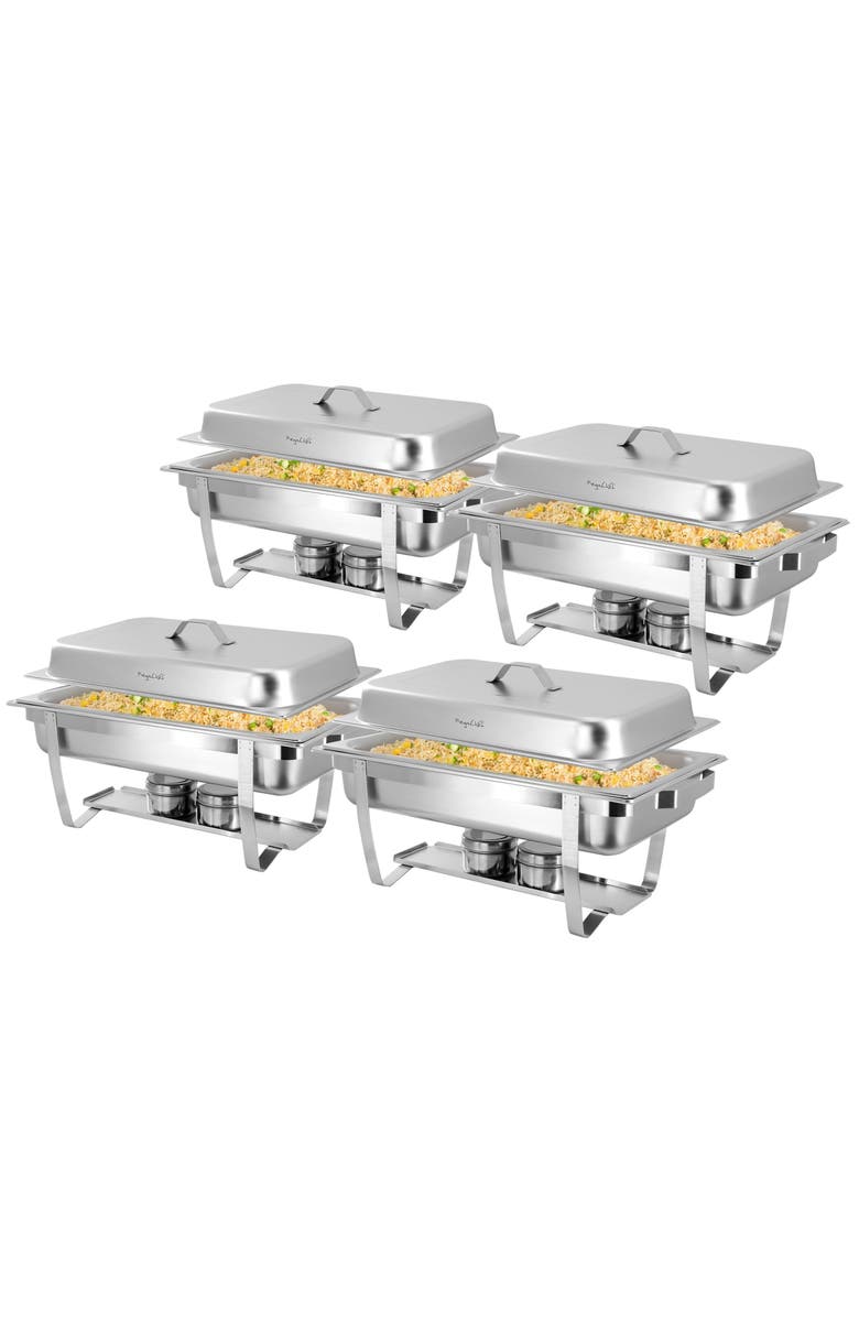 Megachef 9.5 Quart Stackable Stainless Steel Professional Chafing Dish/Food Warmer/Buffet Server Serving Trays, Set of 4, Main, color, Silver