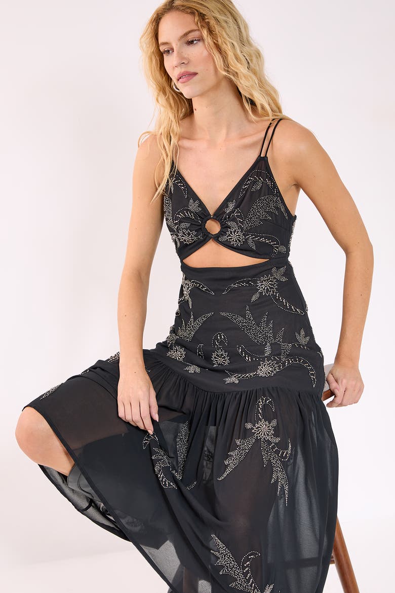 Ring Cut Out Volume Maxi Dress, Alternate, color, Black