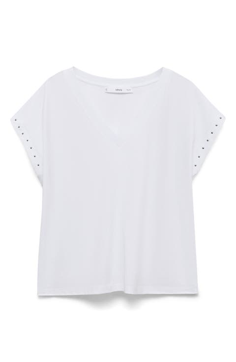 Stud Accent Cotton V-Neck T-Shirt