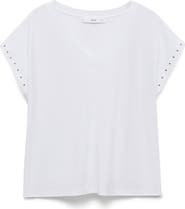 MANGO Stud Accent Cotton V-Neck T-Shirt