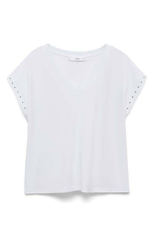Mango Stud Accent Cotton V-neck T-shirt In White