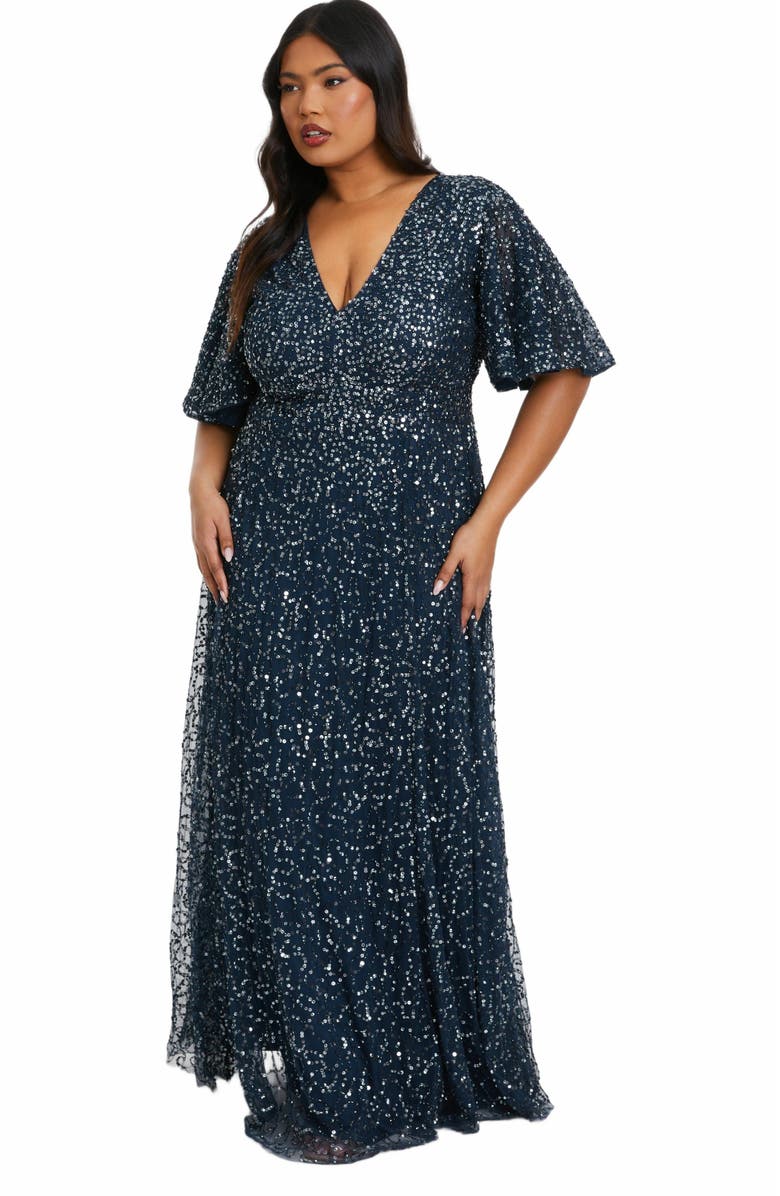 QUIZ Embellished Angel Sleeve Open Back Maxi Dress, Main, color, 