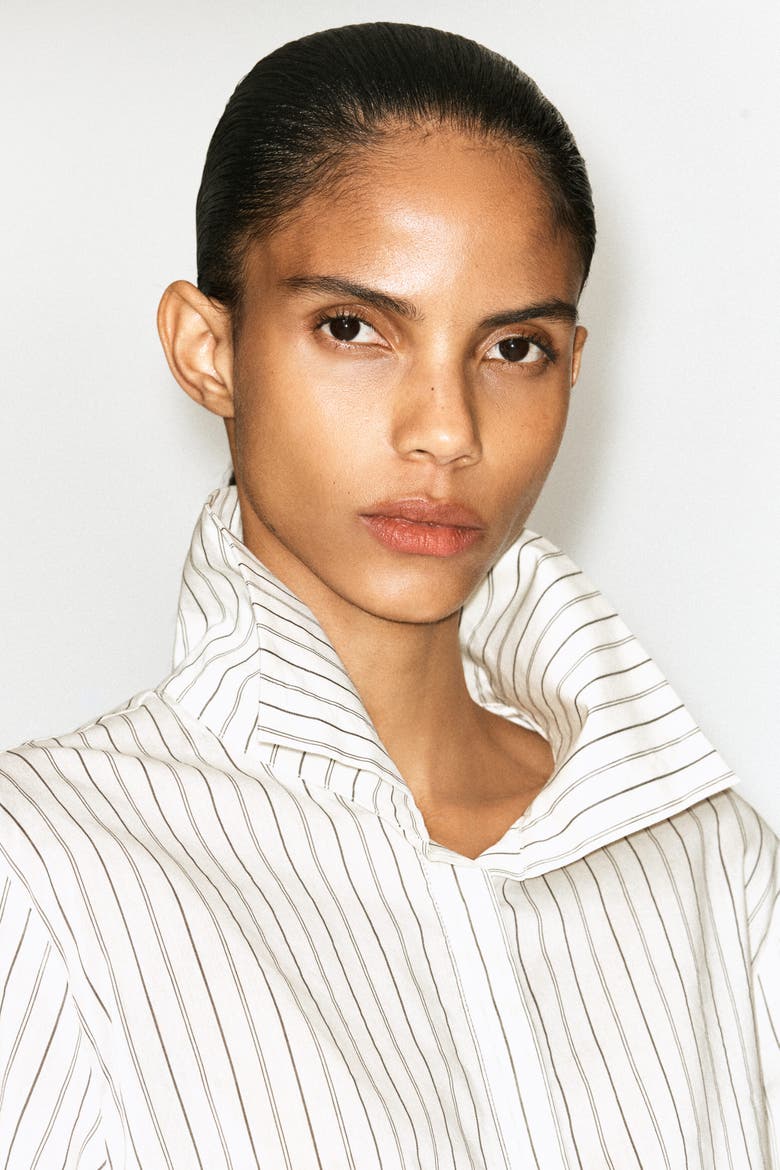 Striped Cotton-silk High-collar Shirt, Alternate, color, IVORY / BROWN / STRIPED