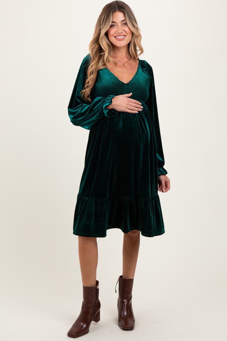 Velvet Smocked Long Sleeve Dress, Main, color, Forest Green