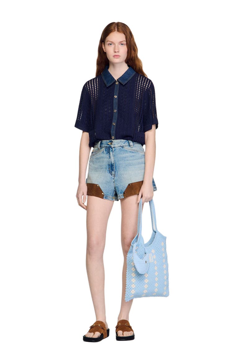Crochet and denim cardigan, Alternate, color, Navy blue