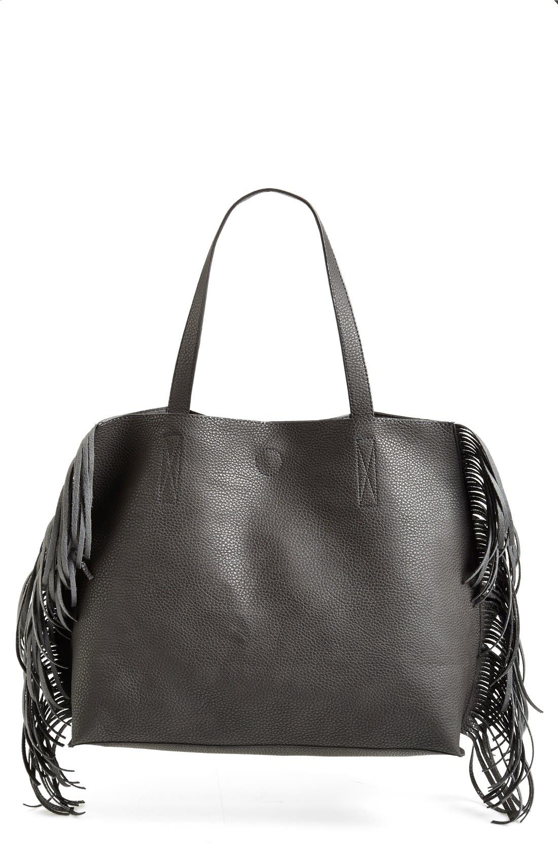 Faux Suede Fringe Tote, Main, color, GREY CHARCOAL