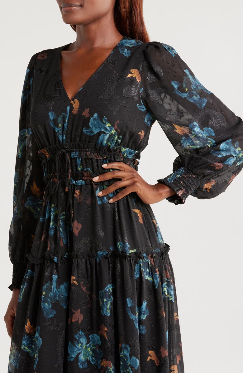 Mila Mae Floral Tiered Long Sleeve Tie Detail Midi Dress, Alternate, color, 