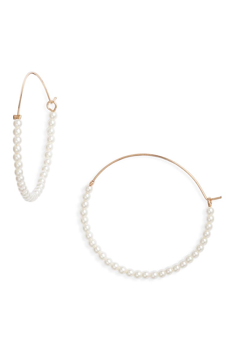 Faux Pearl Wire Hoop Earrings, Main, color, WHITE- GOLD
