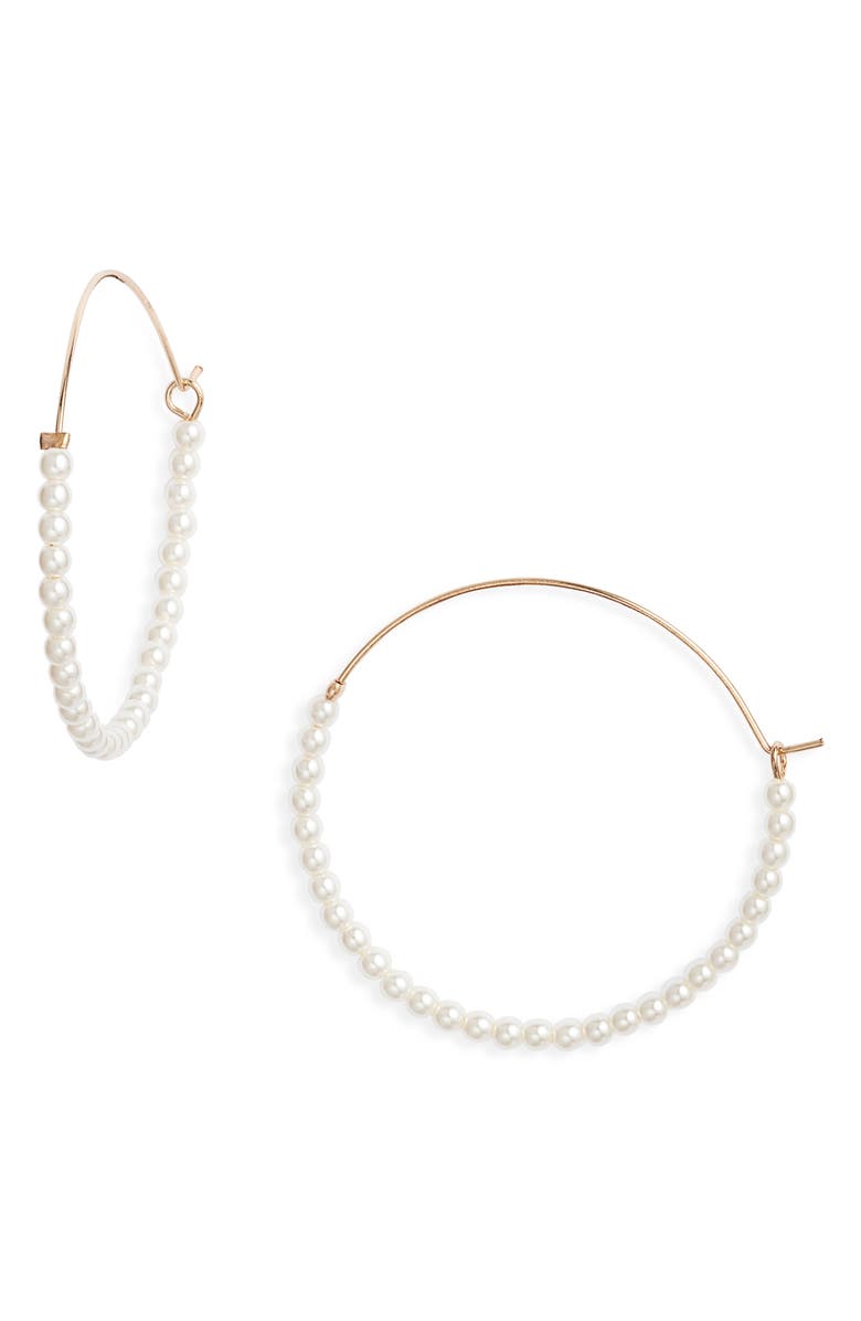 Nordstrom Faux Pearl Wire Hoop Earrings, Main, color, White- Gold