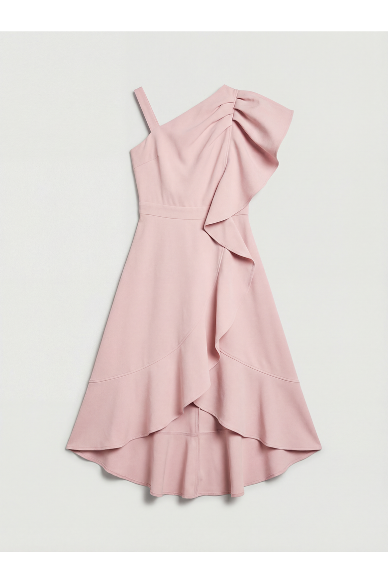 One Shoulder Crepe Ruffle Midi Dress, Alternate, color, Blush