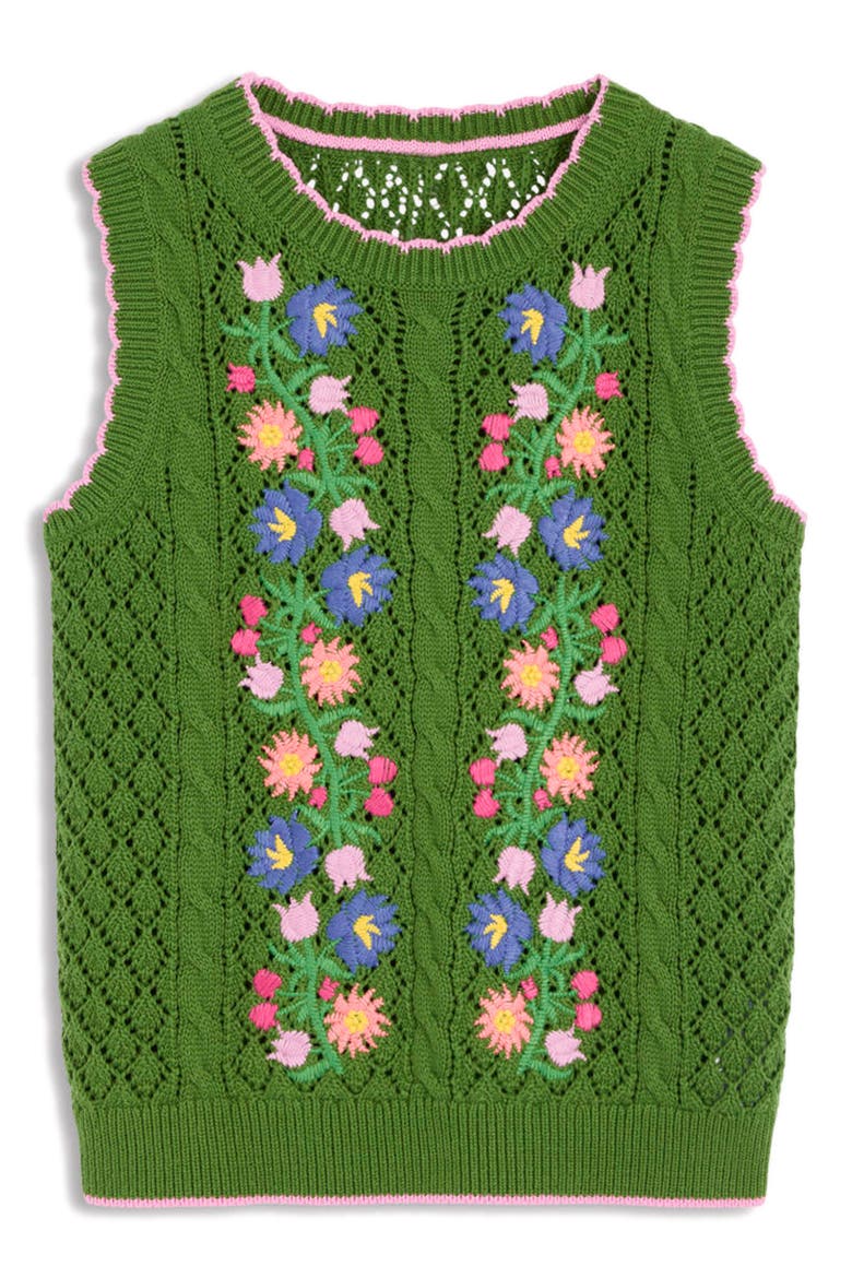 Floral Embroidered Cotton Sweater Vest, Alternate, color, IGUANA GREEN